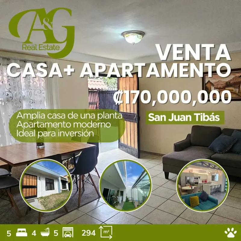 ¡Amplia propiedad en venta en Tibás! Casa de una planta + apartamento de dos plantas
