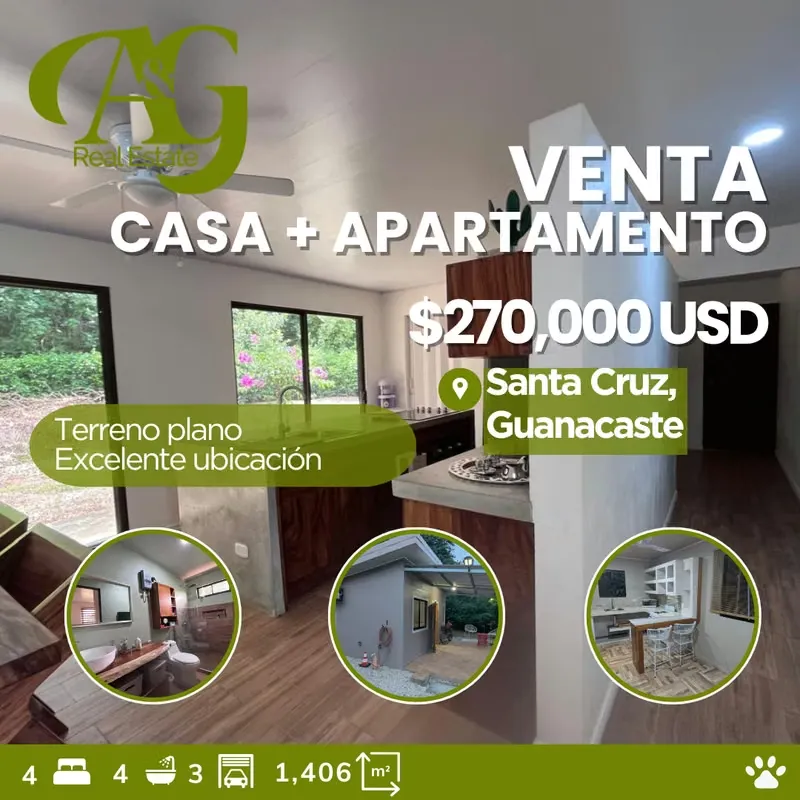 AMPLIA PROPIEDAD EN VENTA – BARRIO LIMÓN, SANTA CRUZ, GUANACASTE CASA+APARTAMENTO