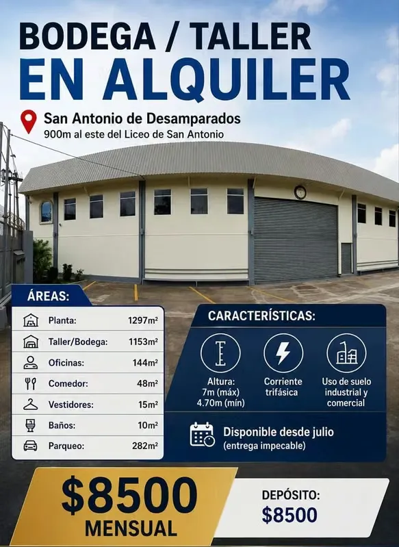 San Antonio de Desamparados, 900 metros al este del Liceo de San Antonio, contiguo a Planta Industrial JOCA